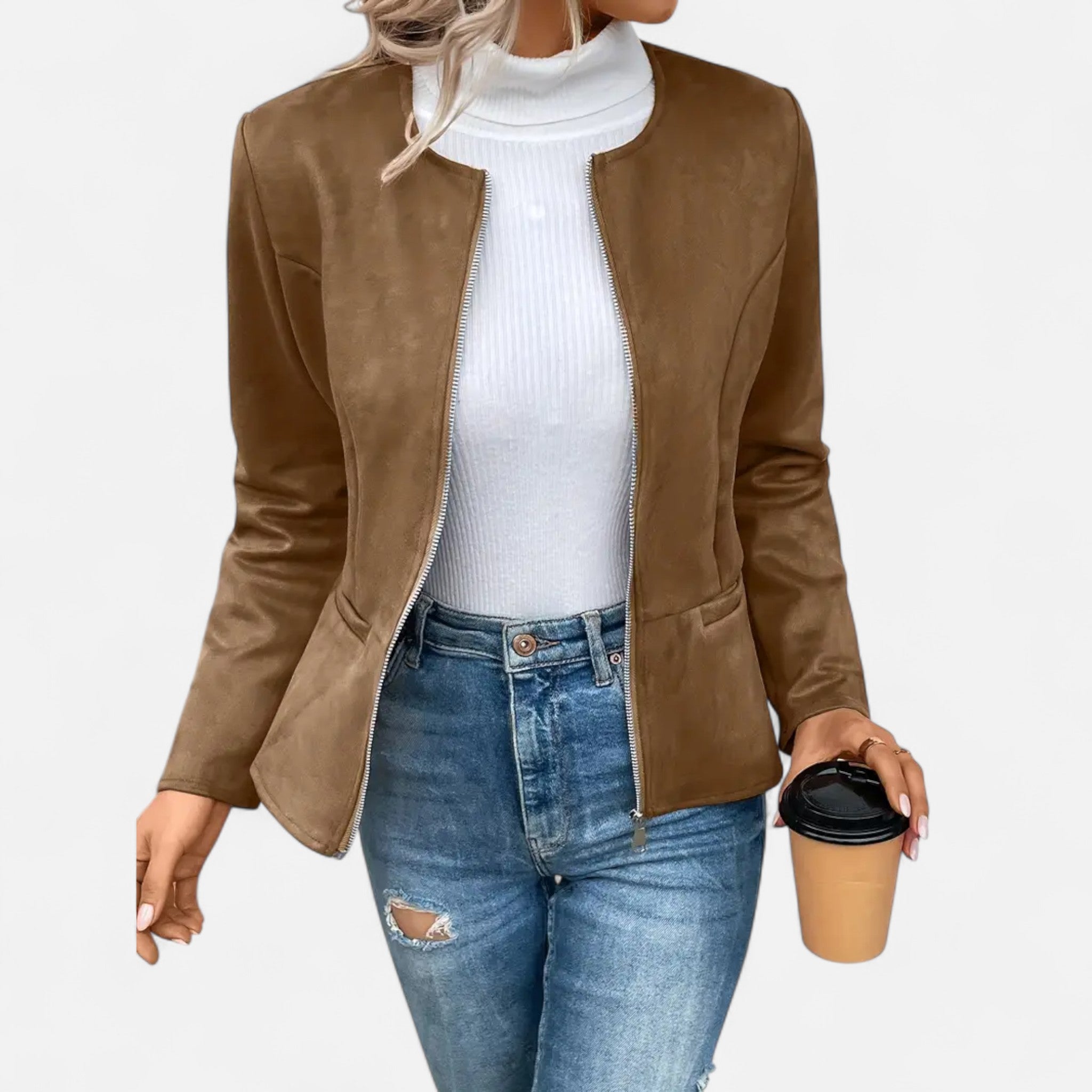 Velclairemode | Women's Short Zip-Up Jacket with Elegant Round Neck