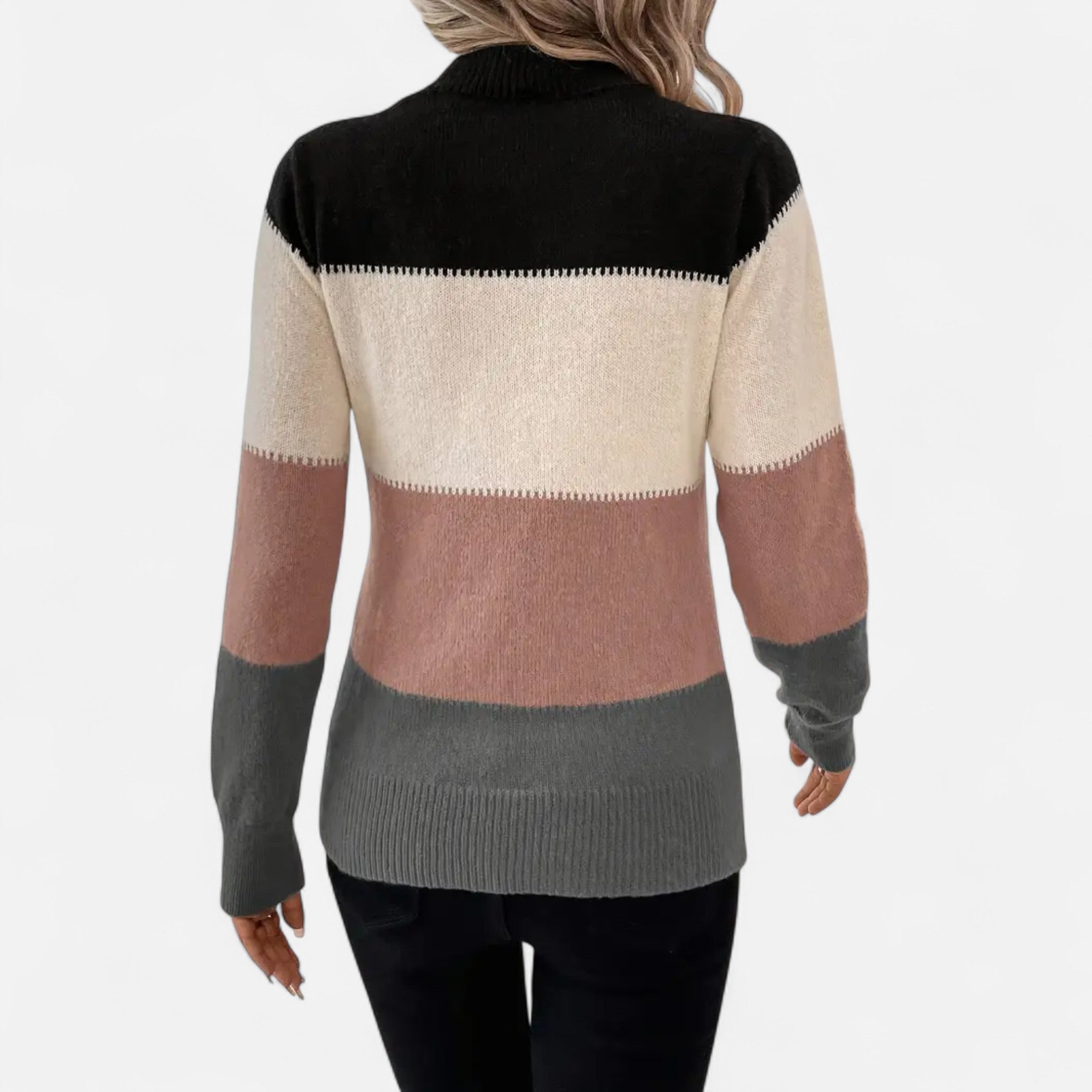 Velclairemode | Women's Color Block Stand-Up Collar Sweater for Fall-Winter