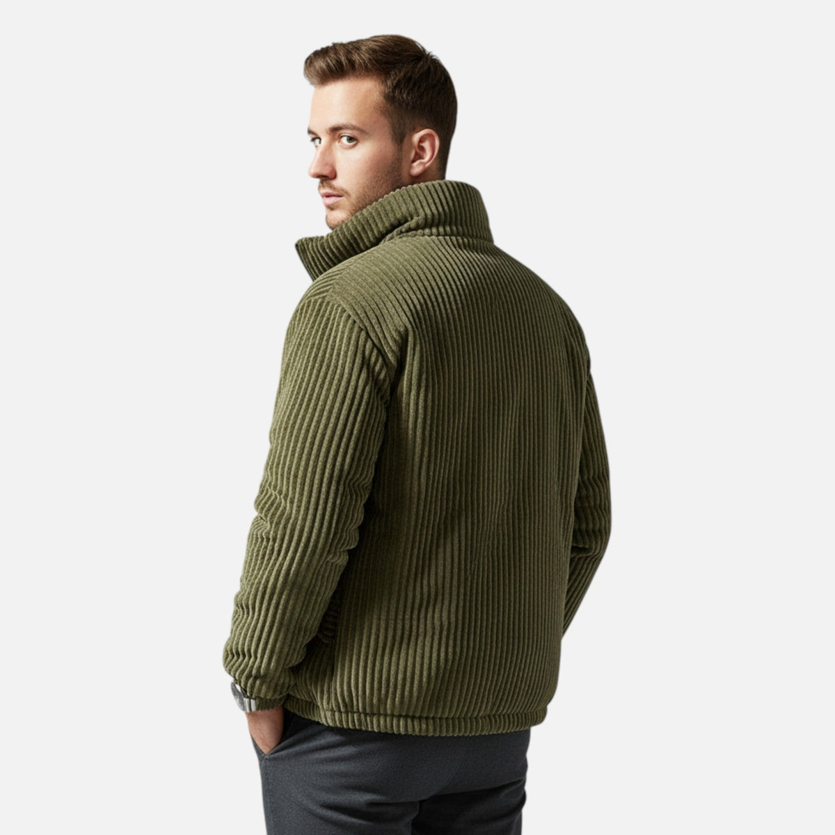 Homme Parka en Velours Côtelé Quotidien Col Montant Matelassée Poches Pratiques
