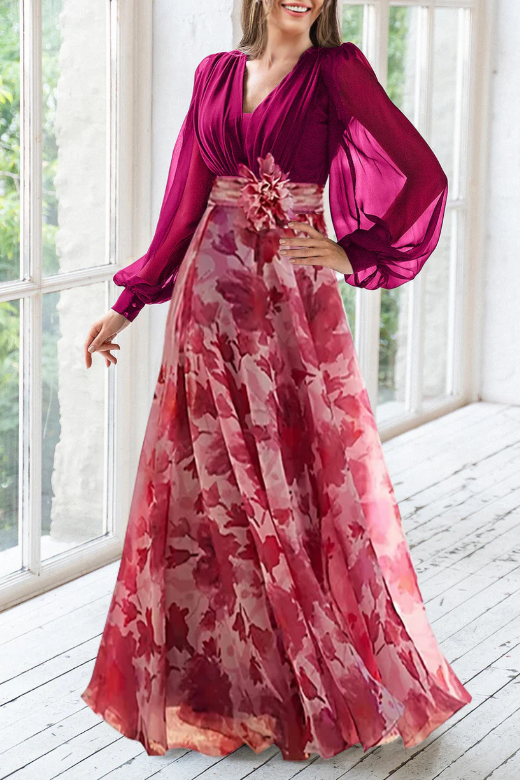 Ceremony Dress Wedding Guest Dress Long with Botanical Print and Puff Sleeves