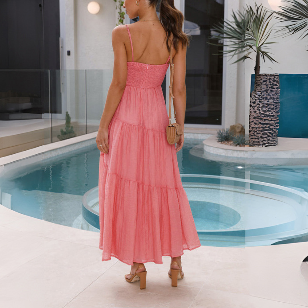 Robe Longue à Bretelles Fines avec Corsage Ajusté et Jupe Évasée à Volants