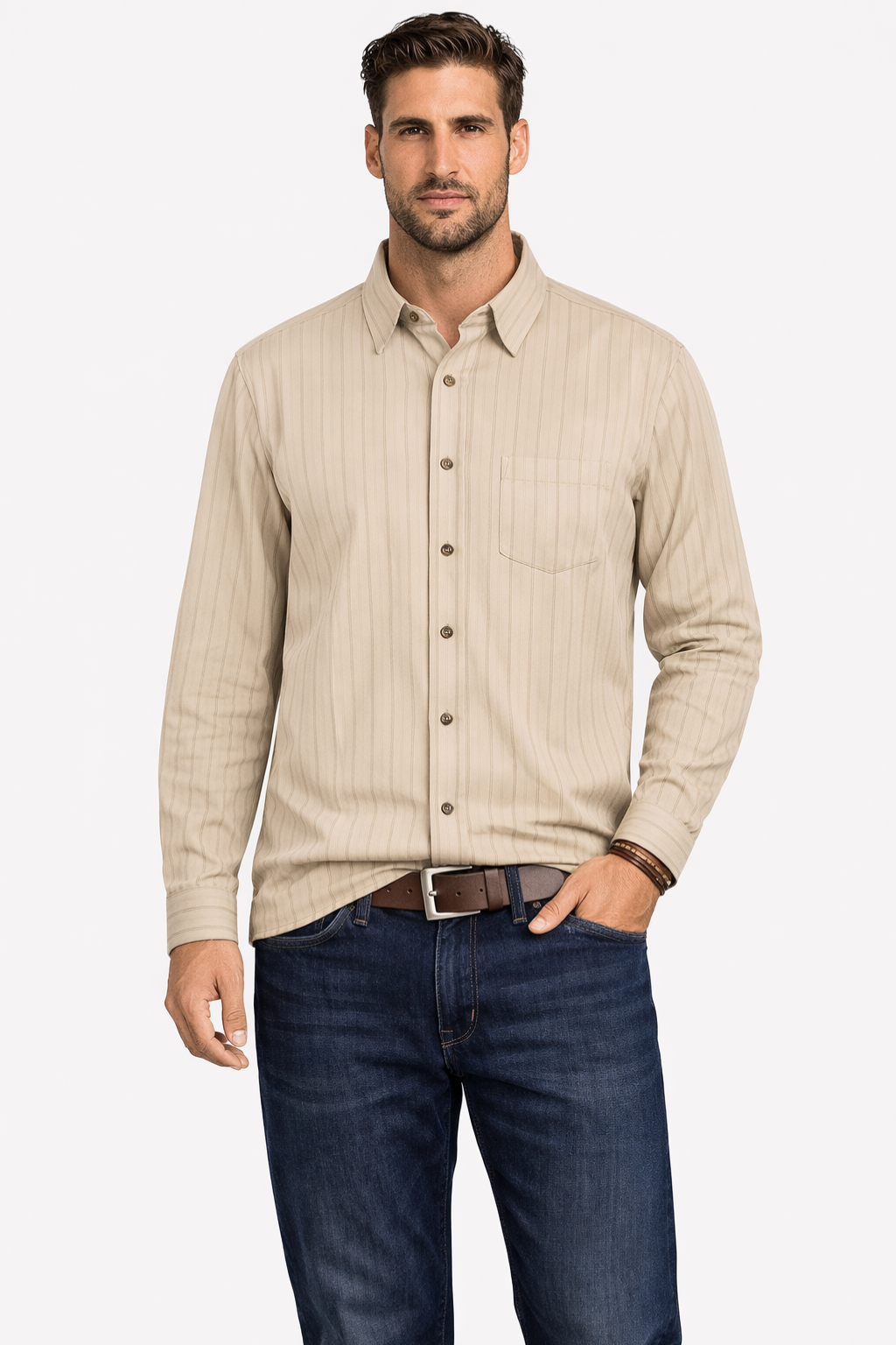 Chemise Formelle Rayée à Manches Longues et Coupe Ajustée pour Homme
