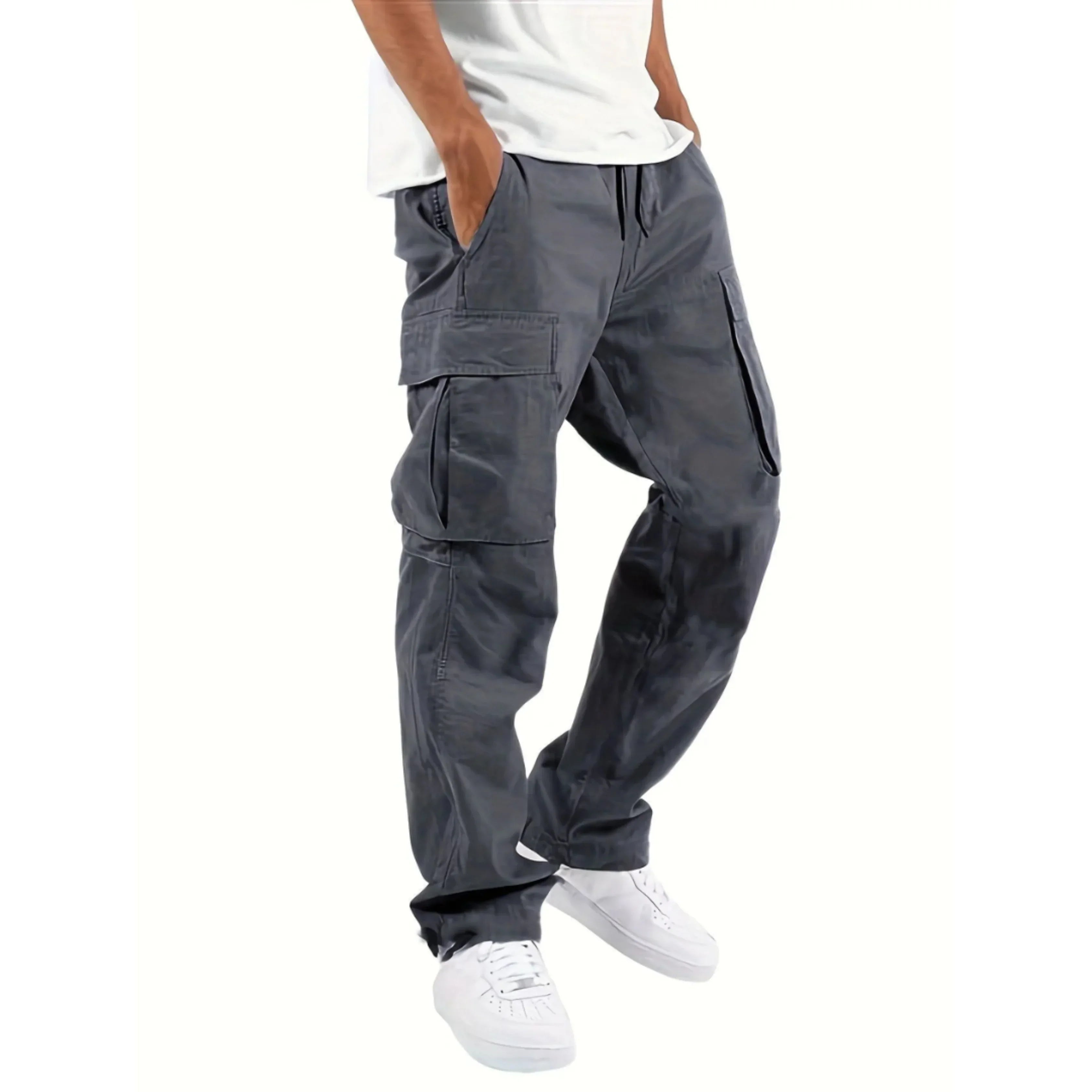 Pantalon cargo pour homme coupe large en tissu à chevrons avec taille élastique