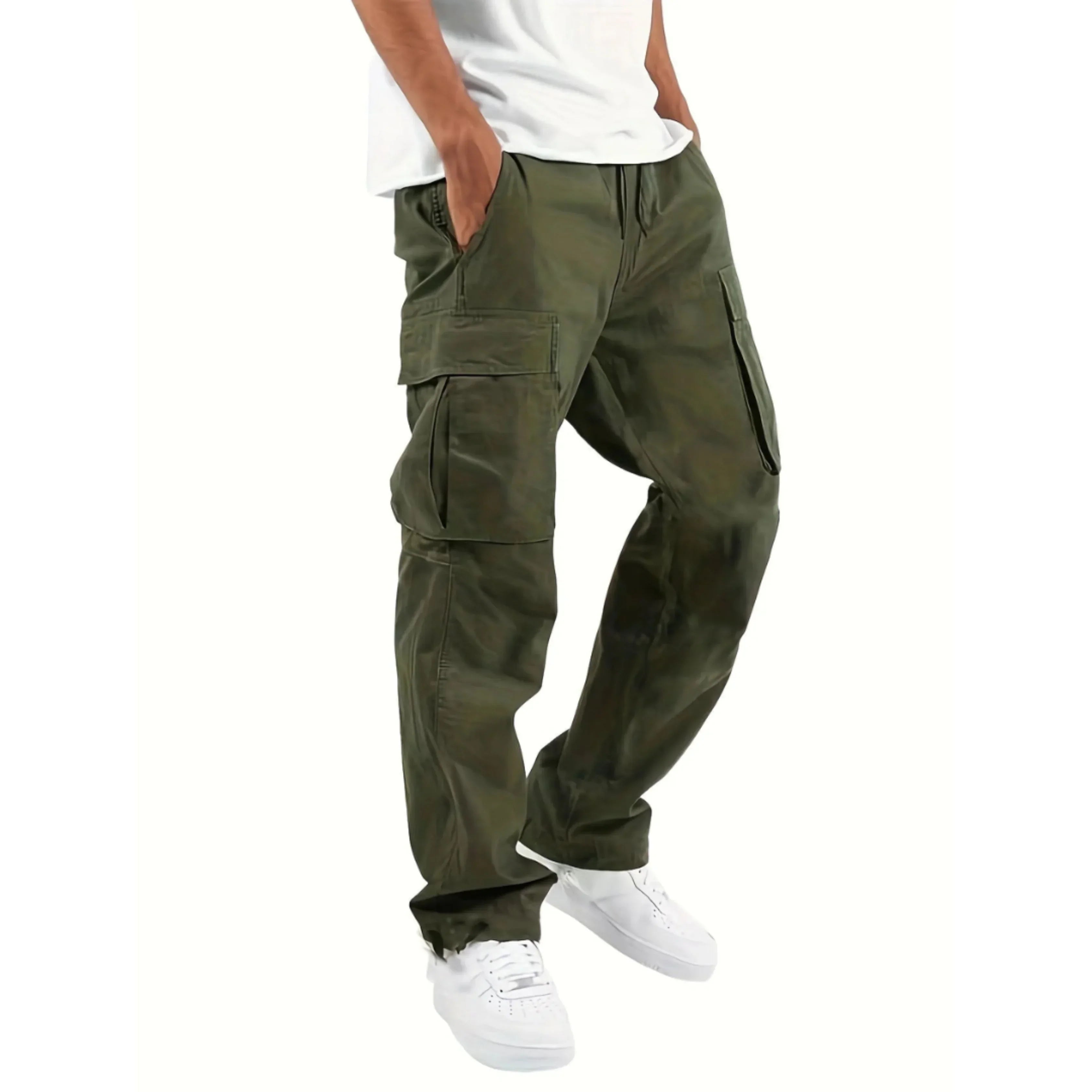 Pantalon cargo pour homme coupe large en tissu à chevrons avec taille élastique