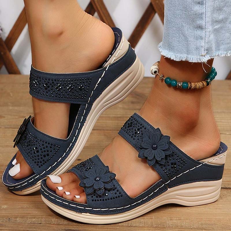 Sandali con zeppa da donna zoccoli retrò in similpelle floreale