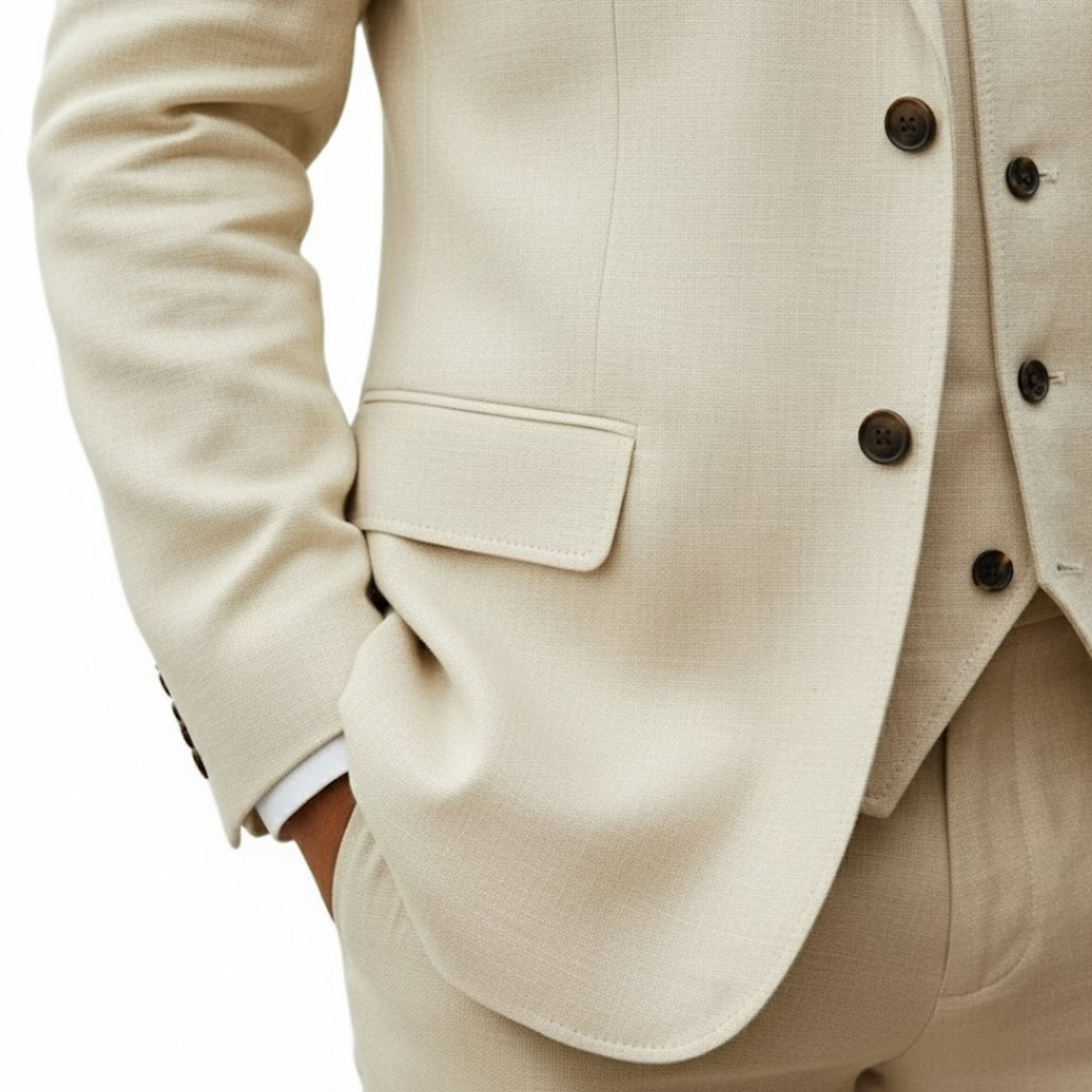 Costume 3 pièces en lin pour homme – Ensemble Tuxedo décontracté d’été pour la plage