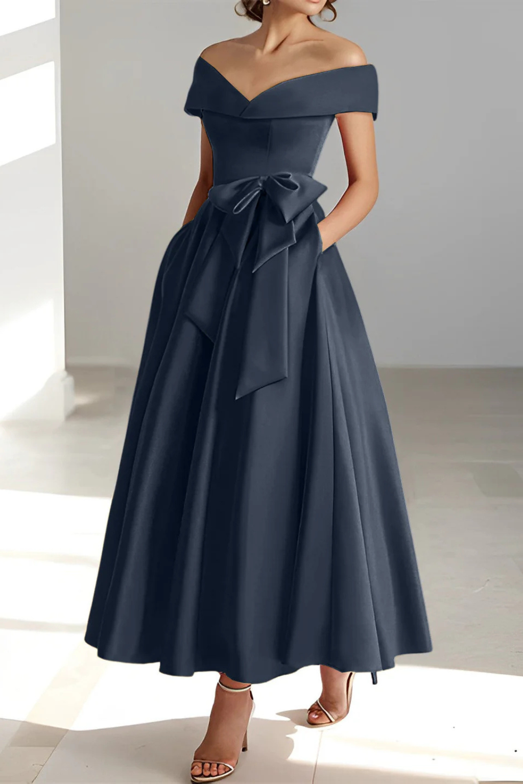 Robe Invitée de Mariage Midi de Style Patineuse à Épaules Nues et Nœud