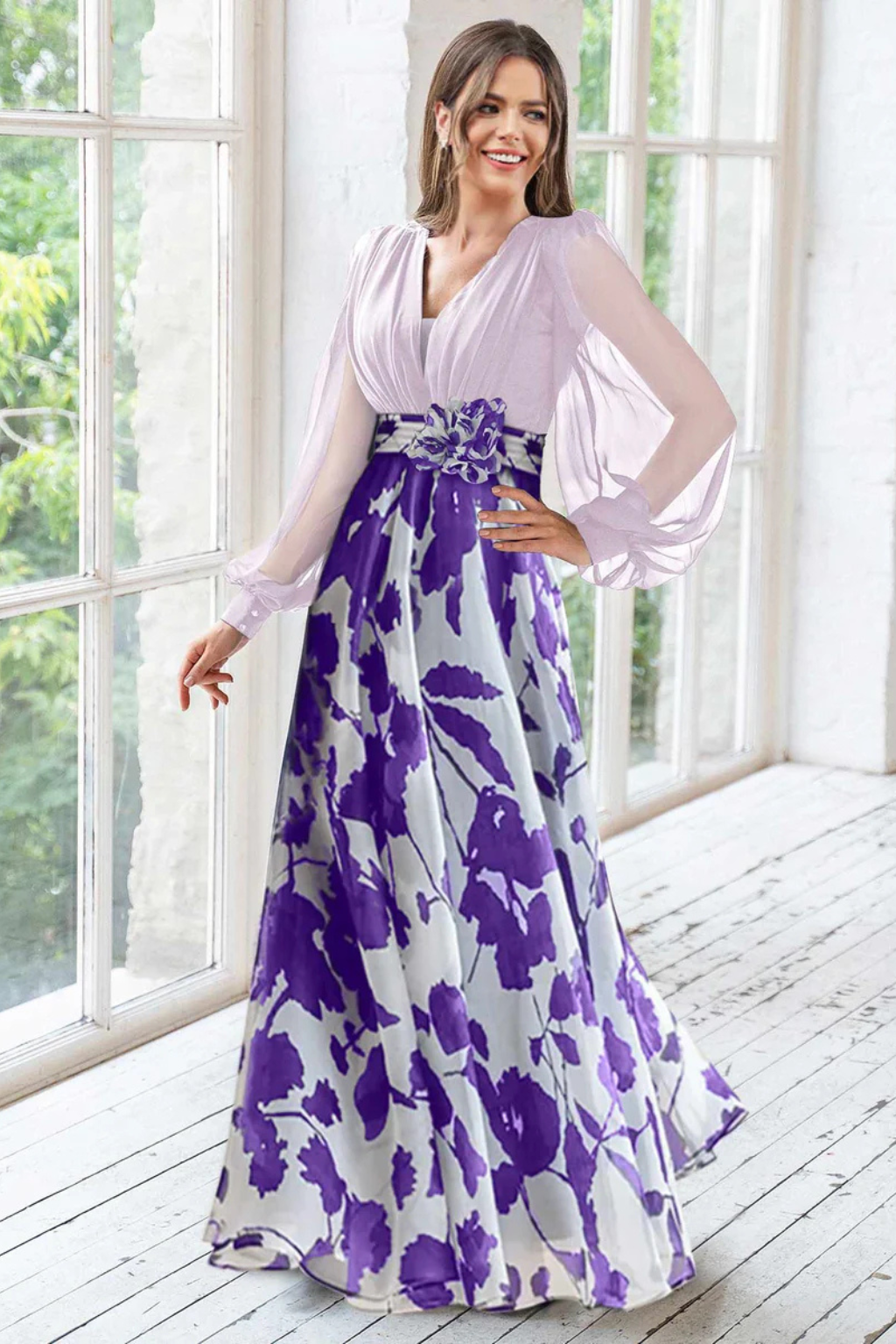 Ceremony Dress Wedding Guest Dress Long with Botanical Print and Puff Sleeves