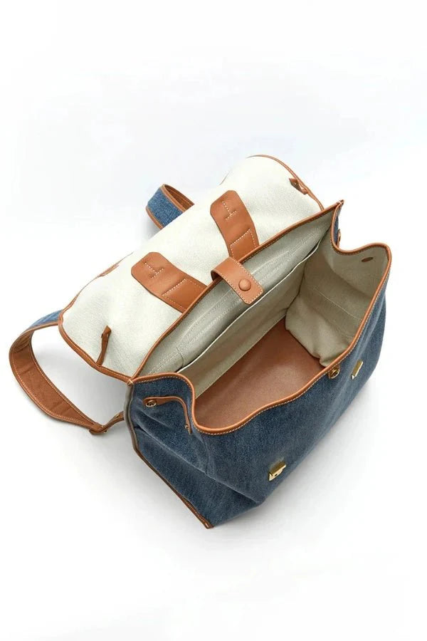 Sac à Dos de Voyage en Denim et Cuir avec Compartiment Ordinateur 16 Pouces