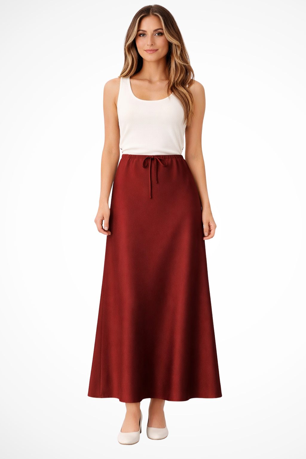 Jupe Longue en Satin à Taille Haute Froncée et Panneaux Superposés