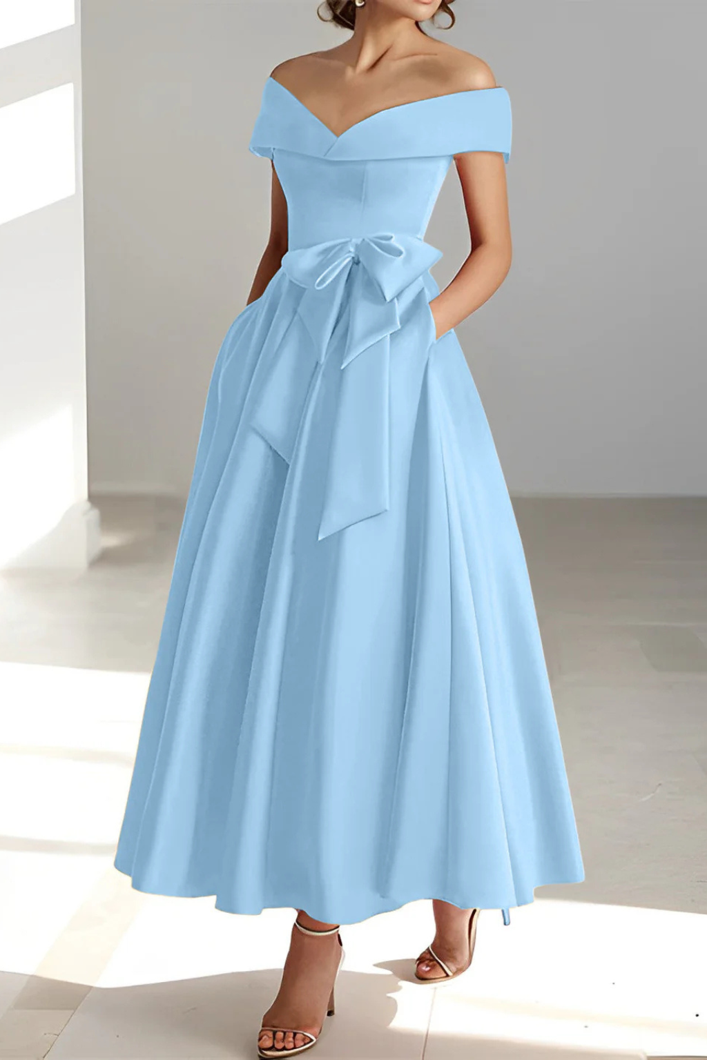 Midi Wedding Guest Dress, Skater Style, Off-Shoulder with Bow