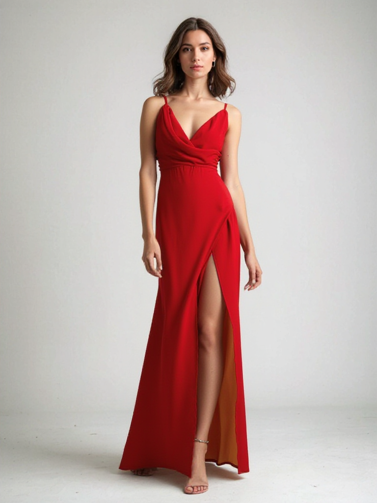 Robe Longue de Soirée à Bretelles Spaghetti avec Col en V et Fente Haute