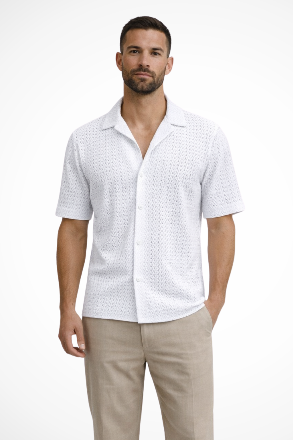 Camicia in Maglia Testurizzata a Chevron con Collo Aperto da Uomo