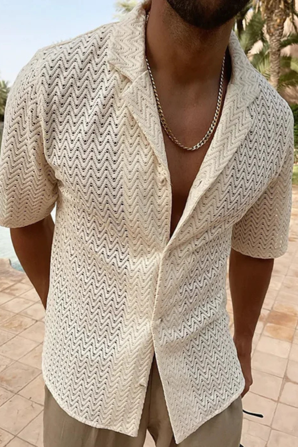 Camicia in Maglia Testurizzata a Chevron con Collo Aperto da Uomo