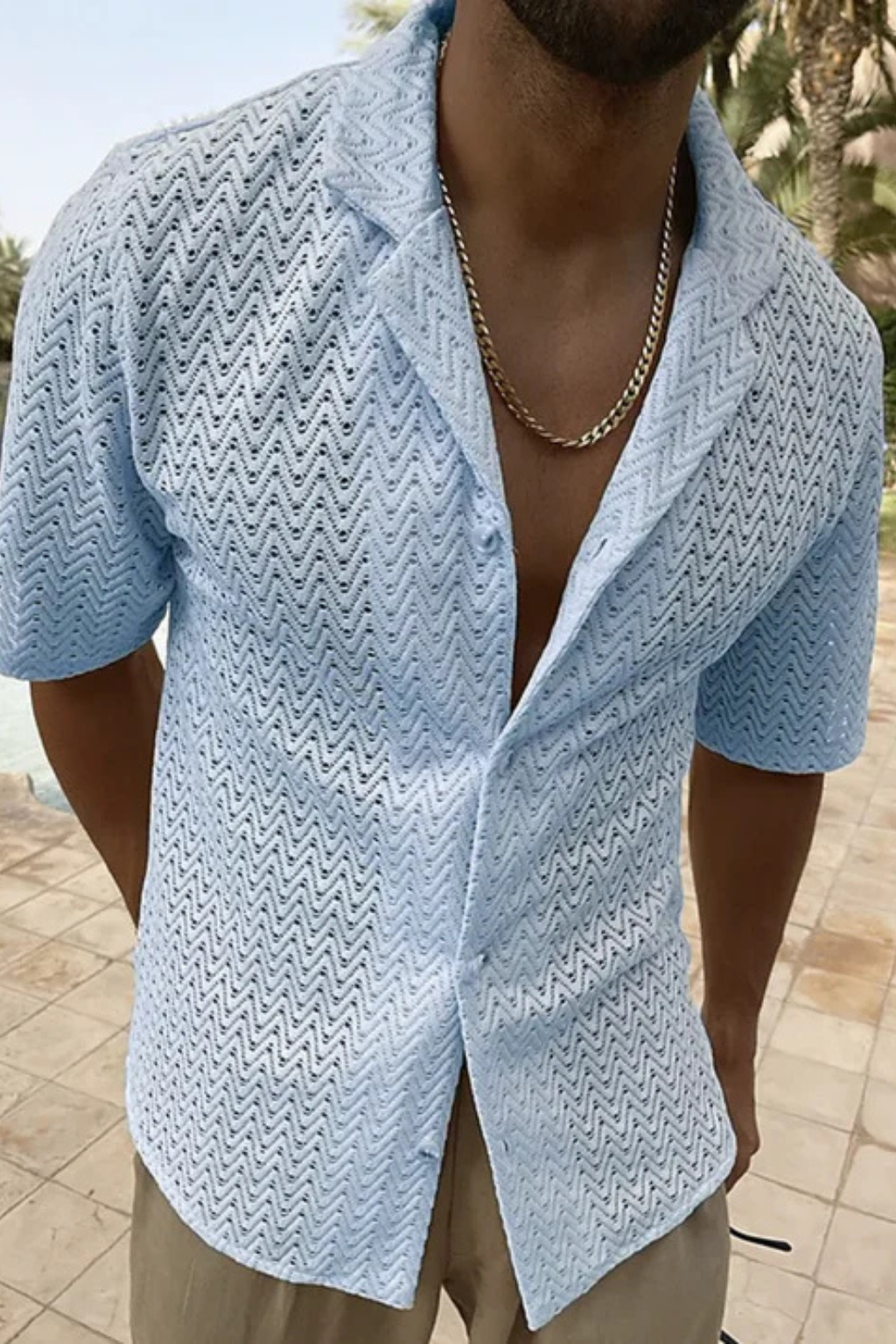 Camicia in Maglia Testurizzata a Chevron con Collo Aperto da Uomo