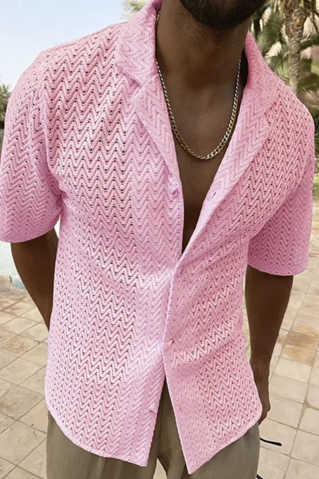 Camicia in Maglia Testurizzata a Chevron con Collo Aperto da Uomo