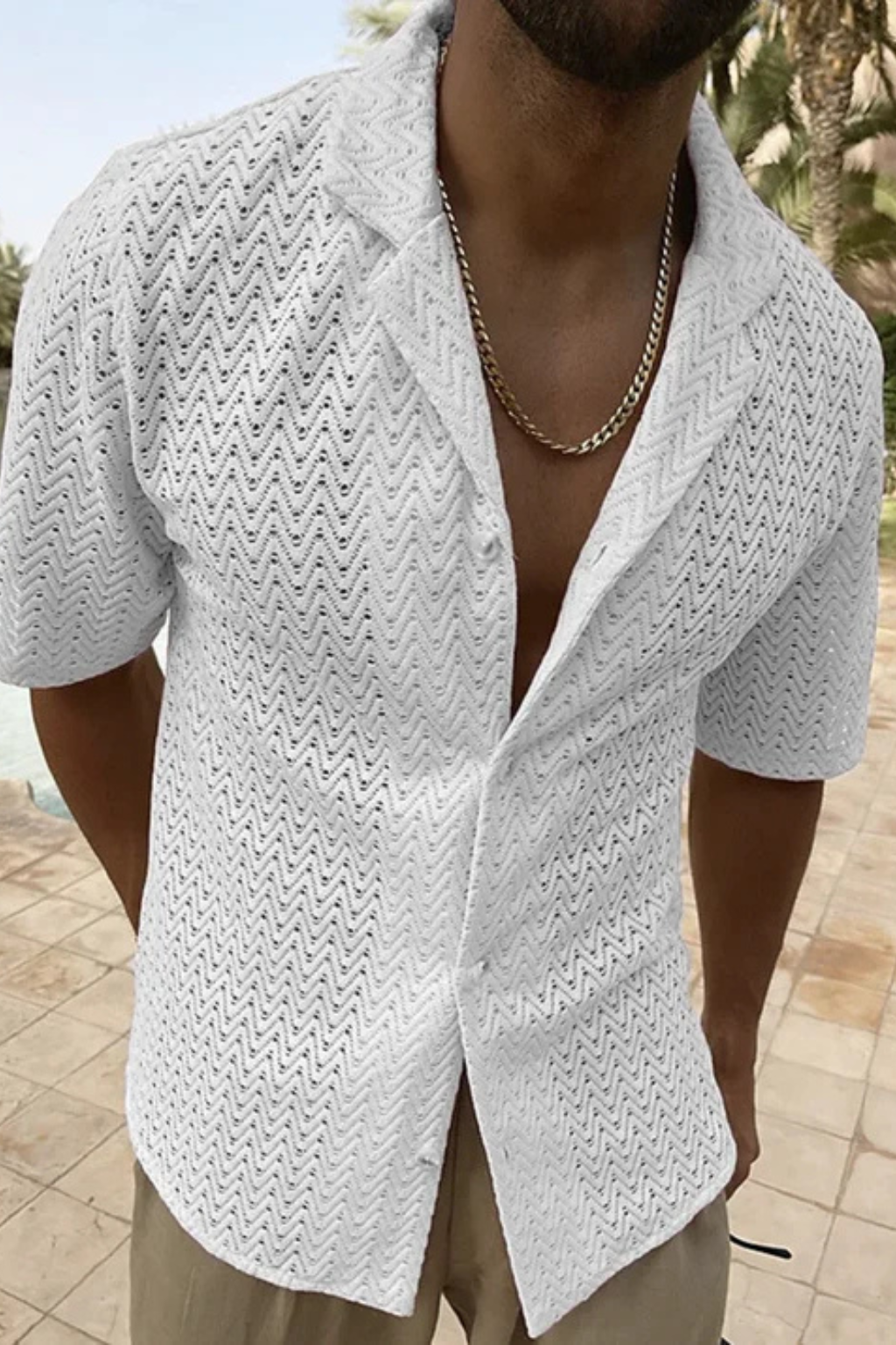 Camicia in Maglia Testurizzata a Chevron con Collo Aperto da Uomo