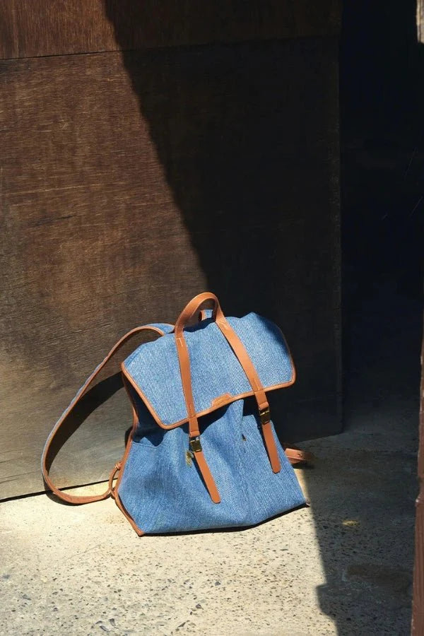 Sac à Dos de Voyage en Denim et Cuir avec Compartiment Ordinateur 16 Pouces