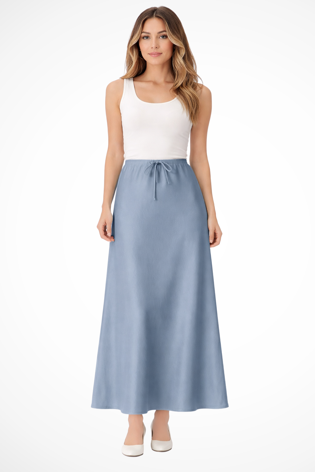Jupe Longue en Satin à Taille Haute Froncée et Panneaux Superposés