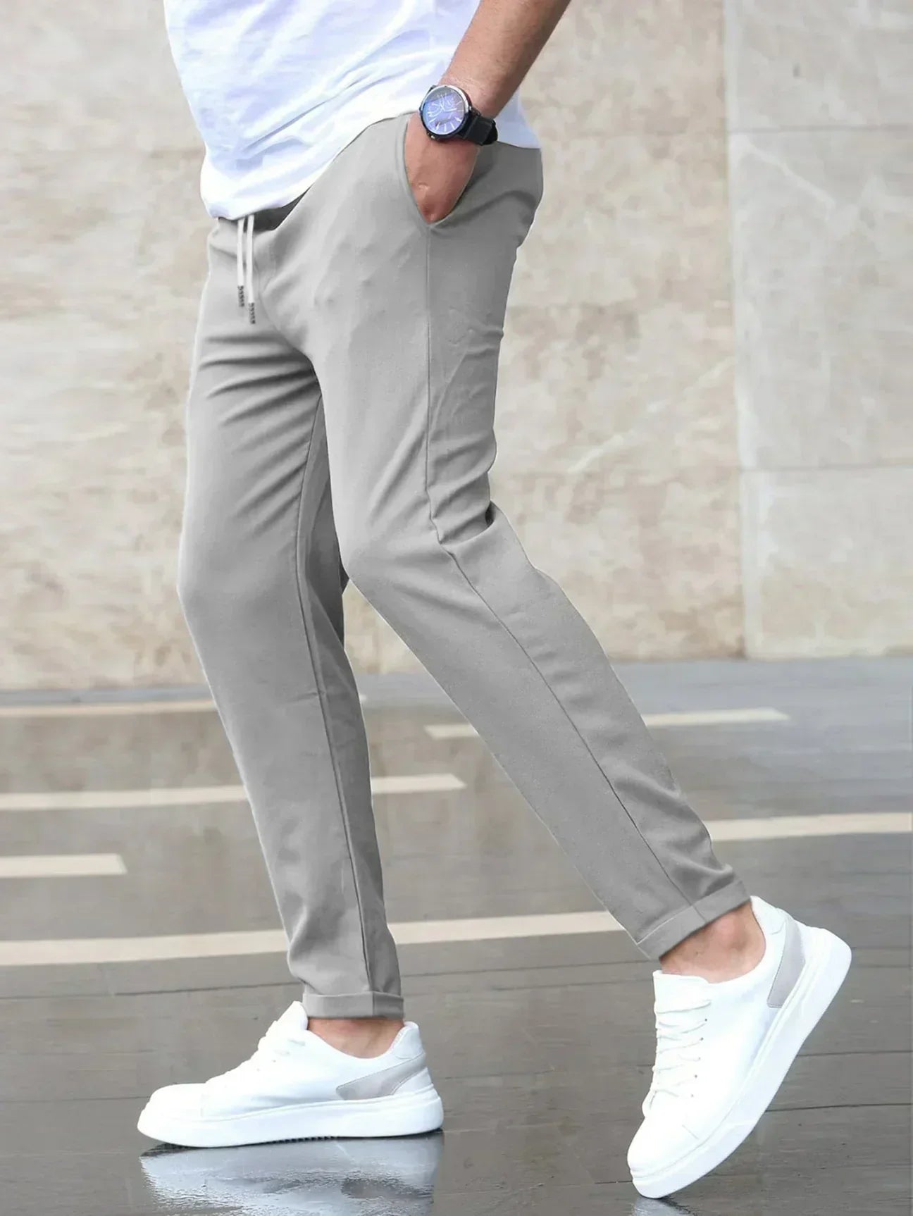 Pantalon droit pour homme avec taille élastique et cordon de serrage en polyester