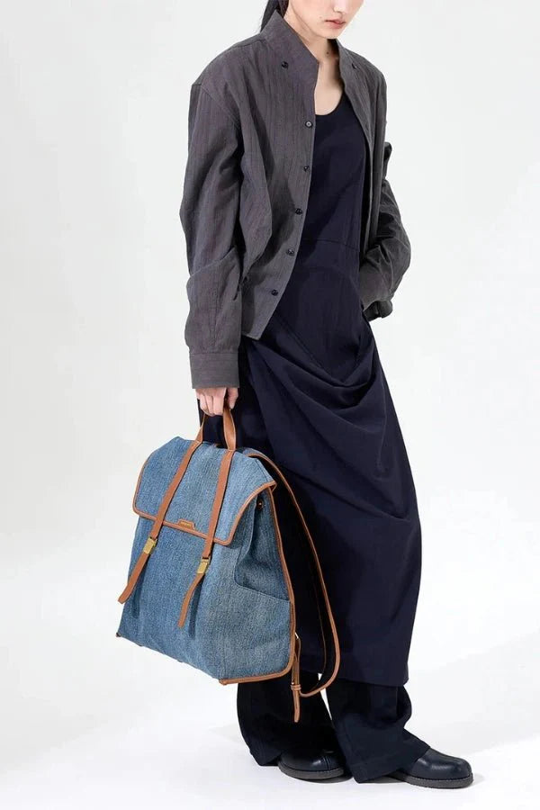 Sac à Dos de Voyage en Denim et Cuir avec Compartiment Ordinateur 16 Pouces