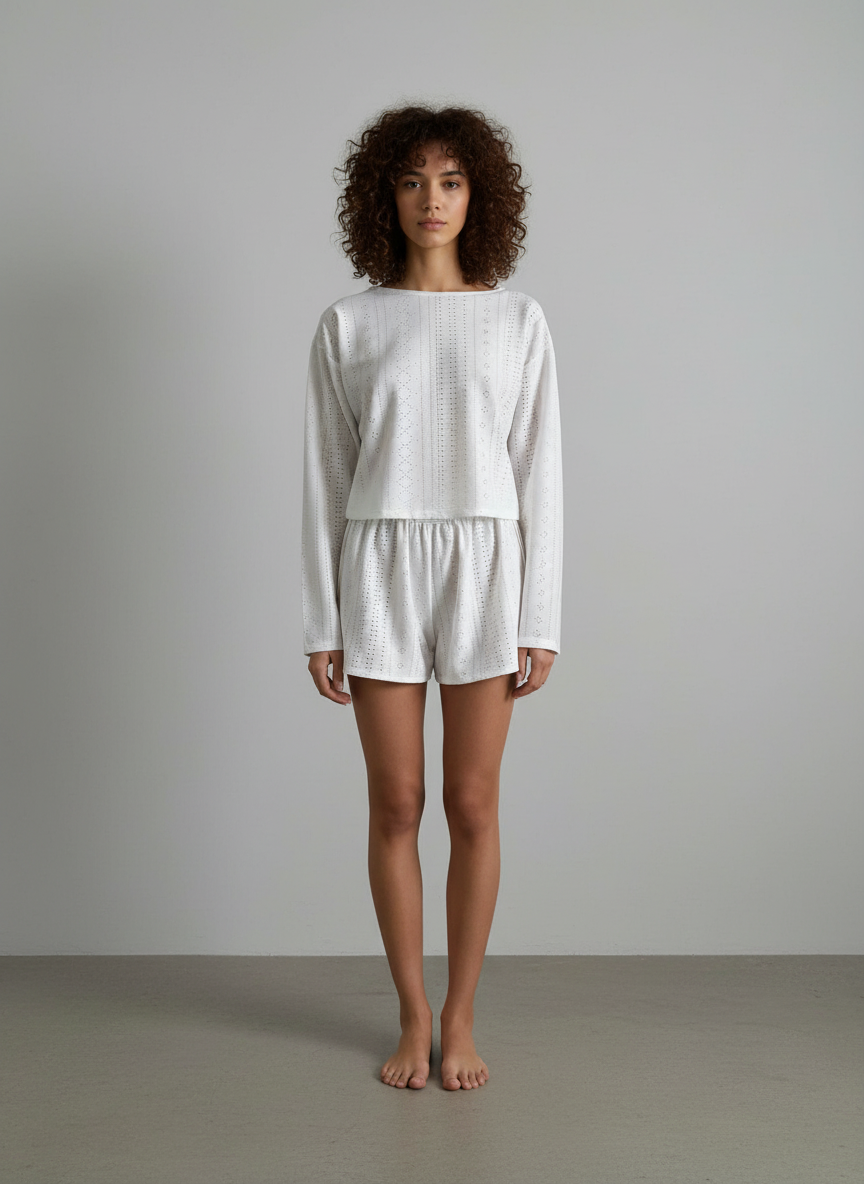 Ensemble Pyjama 2 Pièces à Manches Longues et Short avec Taille Élastique pour Femme