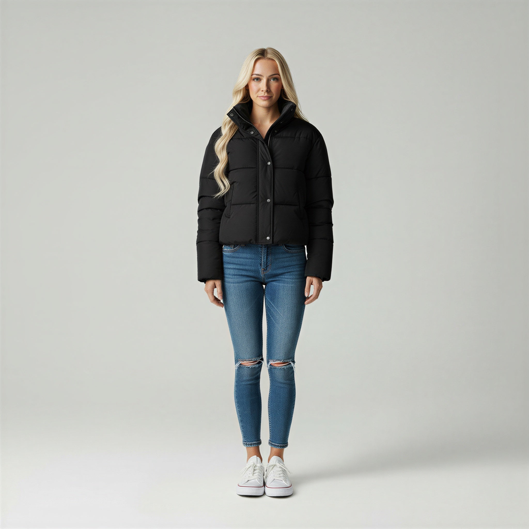 Doudoune Courte Rembourrée avec Col Montant et Poches Zippées pour Femme