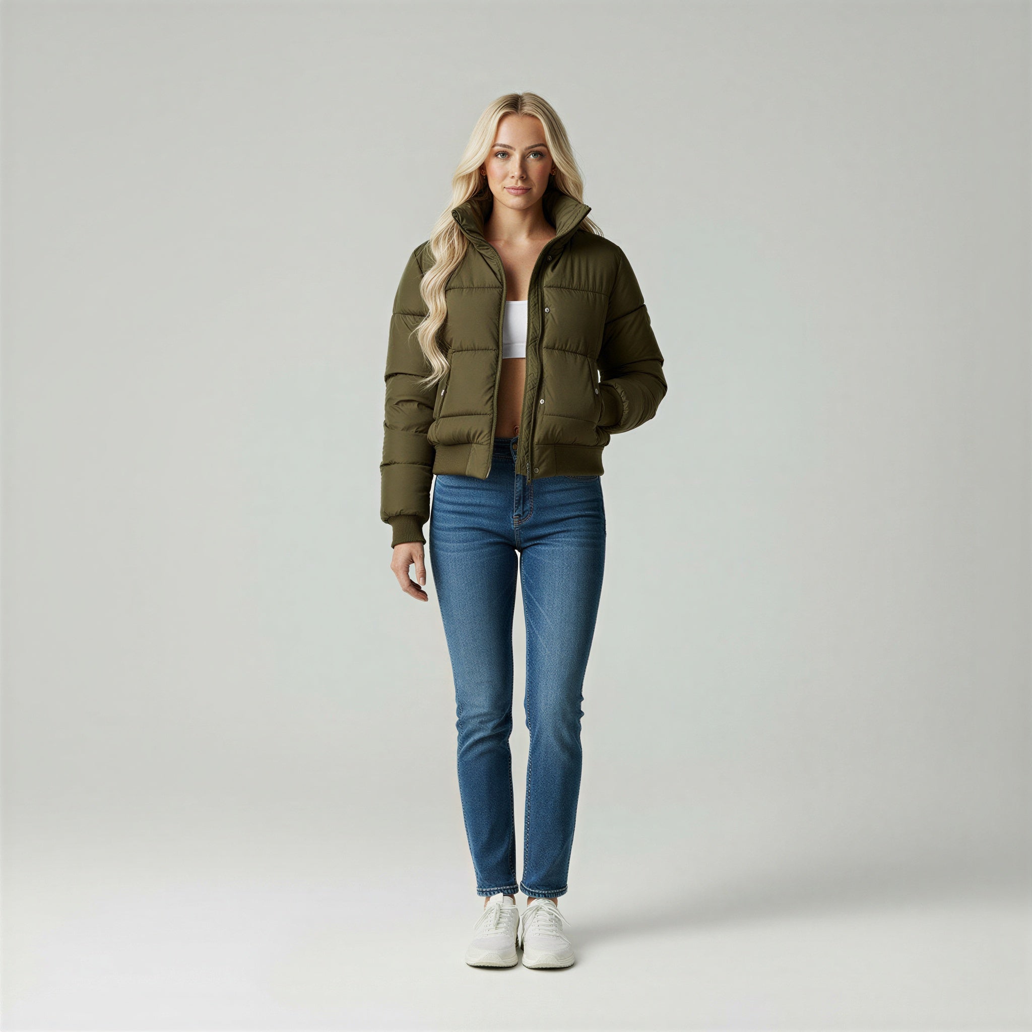 Doudoune Courte Rembourrée avec Col Montant et Poches Zippées pour Femme