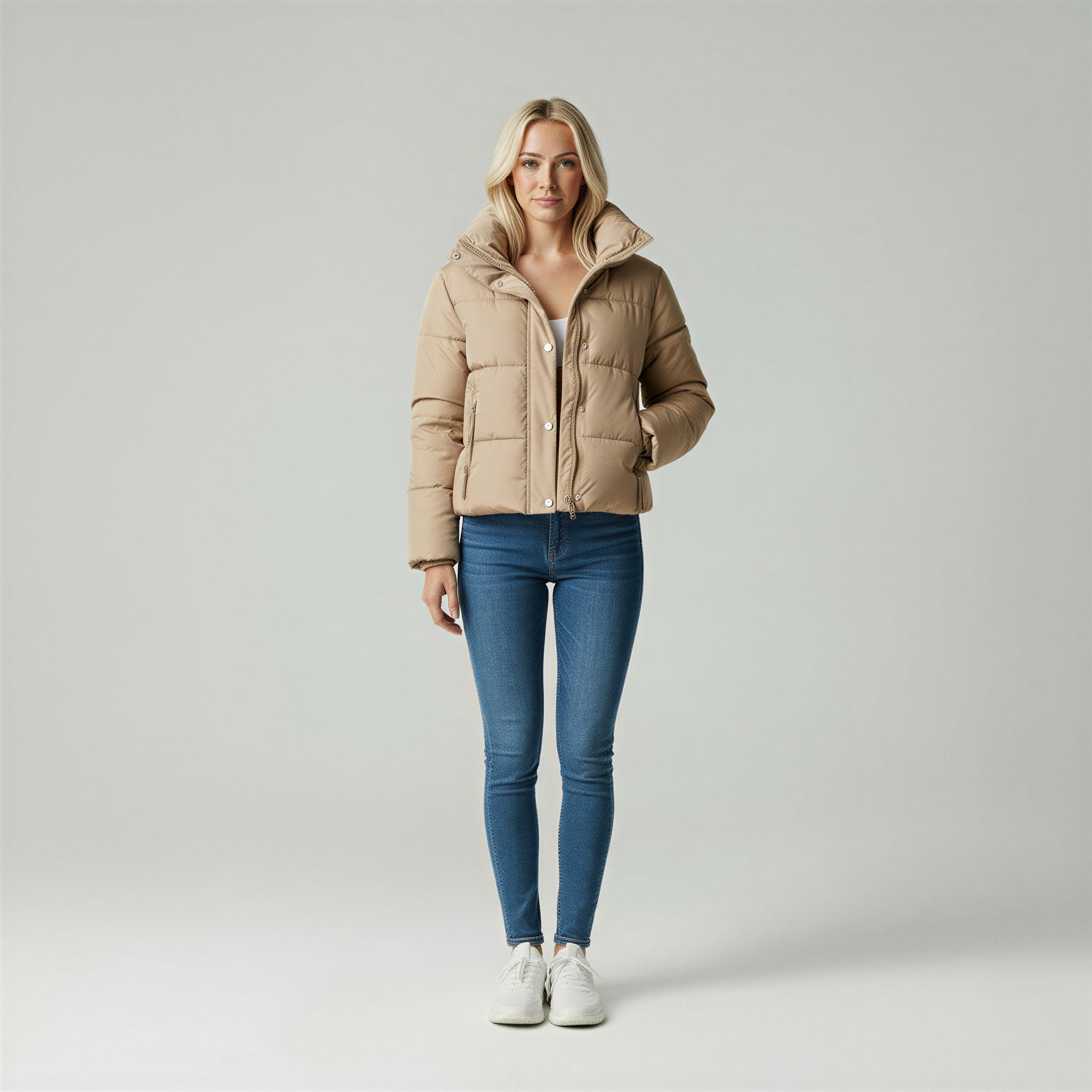 Doudoune Courte Rembourrée avec Col Montant et Poches Zippées pour Femme