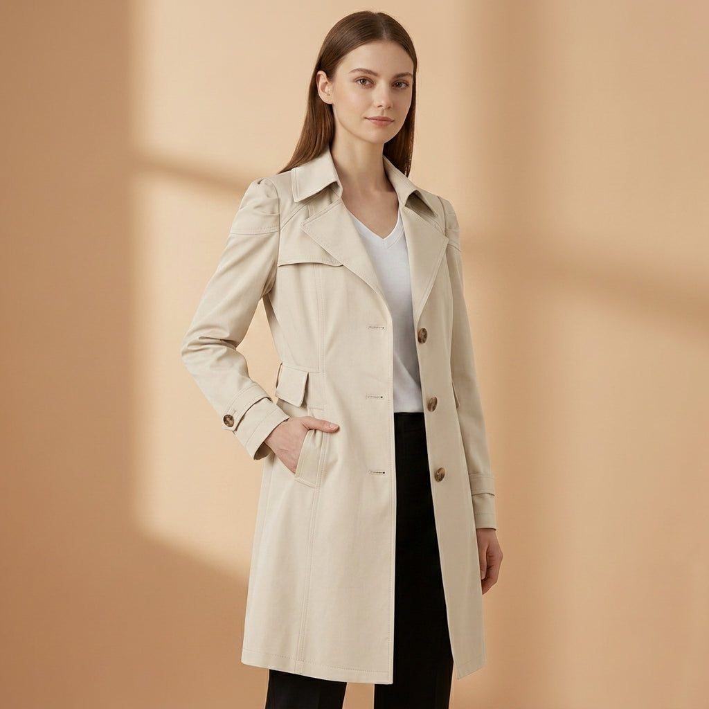 Cappotto trench da donna, taglio d'ufficio strutturato, colletto con cintura, cotone.