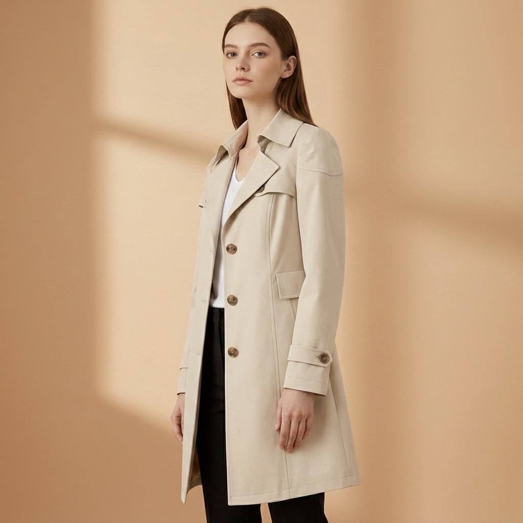 Cappotto trench da donna, taglio d'ufficio strutturato, colletto con cintura, cotone.