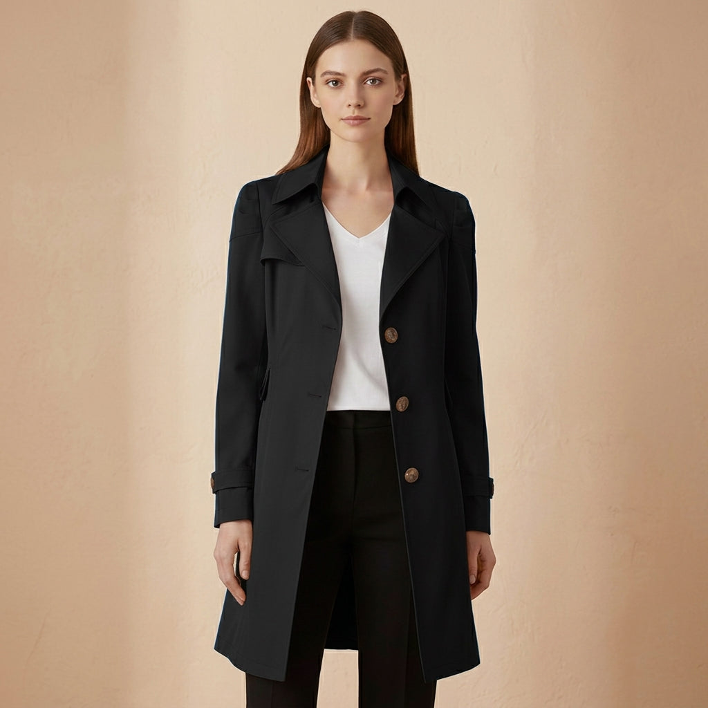 Cappotto trench da donna, taglio d'ufficio strutturato, colletto con cintura, cotone.