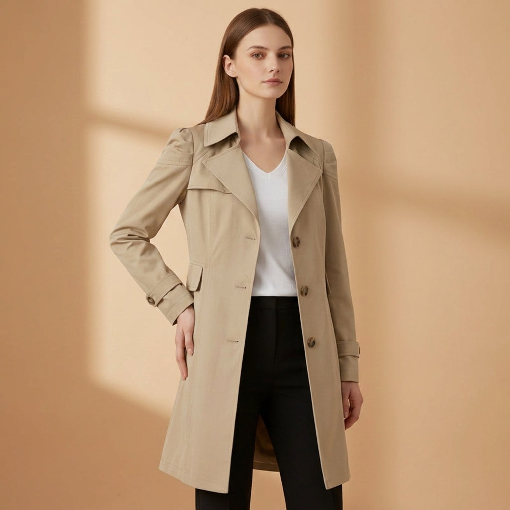 Cappotto trench da donna, taglio d'ufficio strutturato, colletto con cintura, cotone.