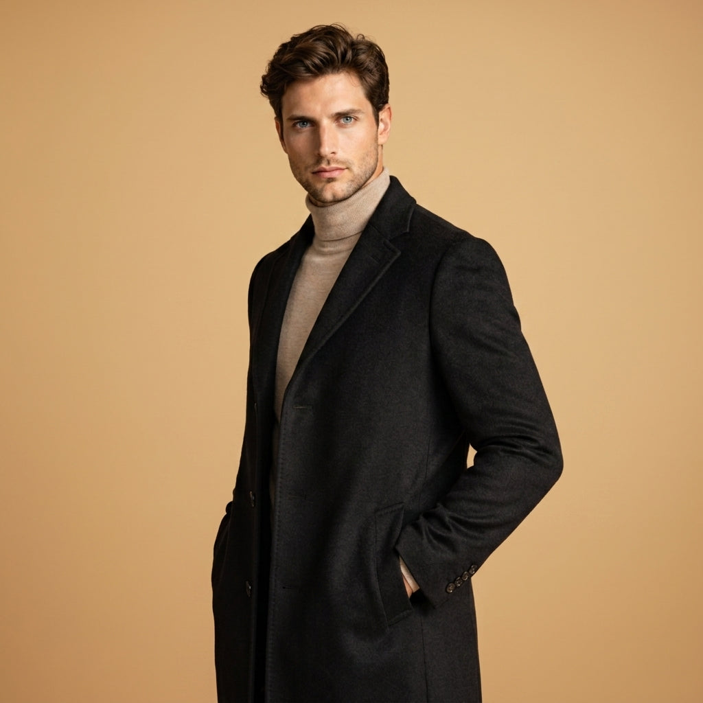 Cappotto da uomo in lana, taglio sartoriale lungo, chiusura con bottoni, adatto per l'ufficio.