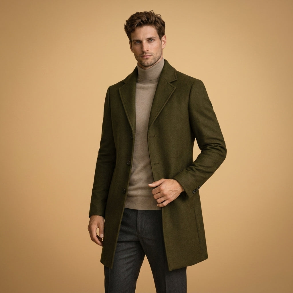 Cappotto da uomo in lana, taglio sartoriale lungo, chiusura con bottoni, adatto per l'ufficio.