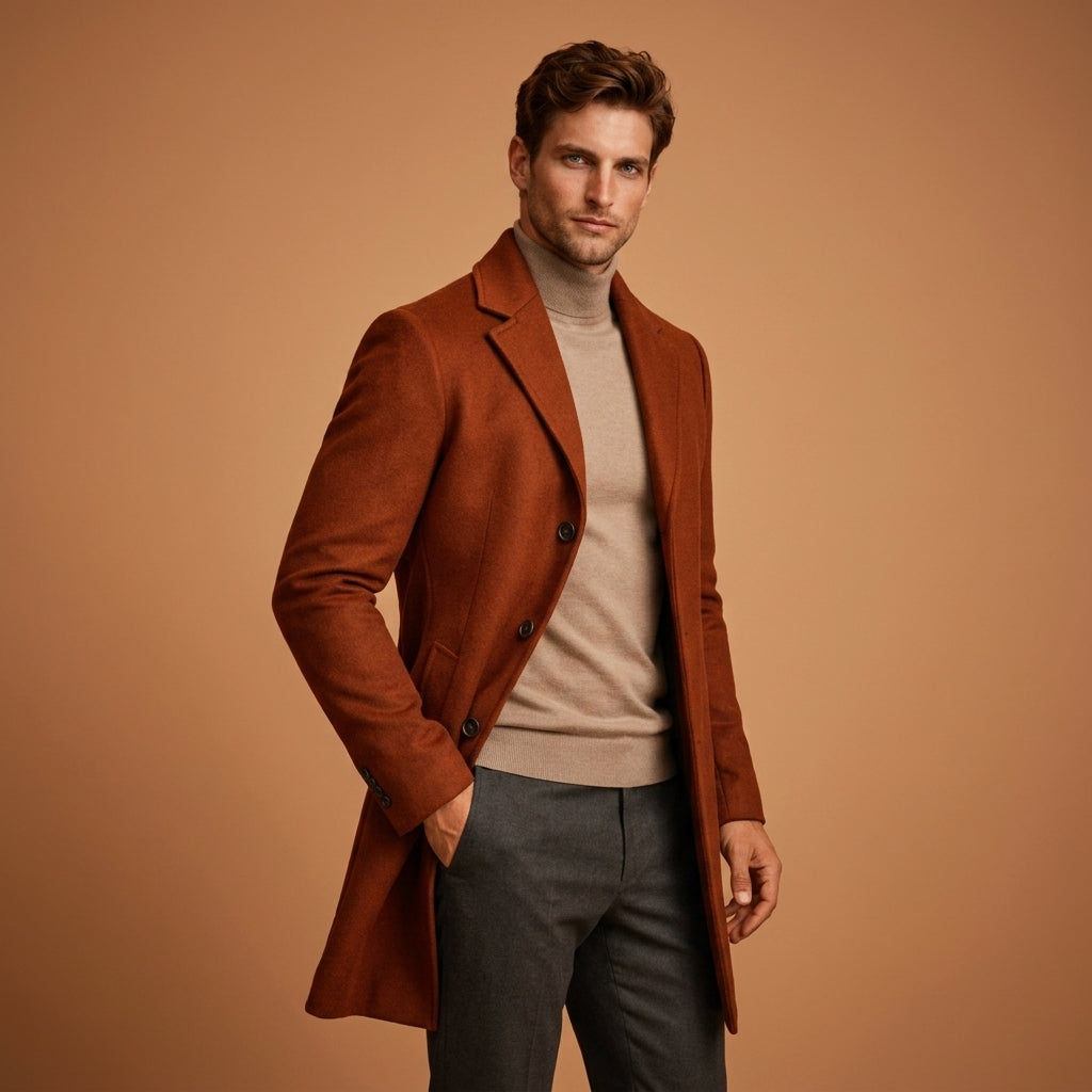 Cappotto da uomo in lana, taglio sartoriale lungo, chiusura con bottoni, adatto per l'ufficio.