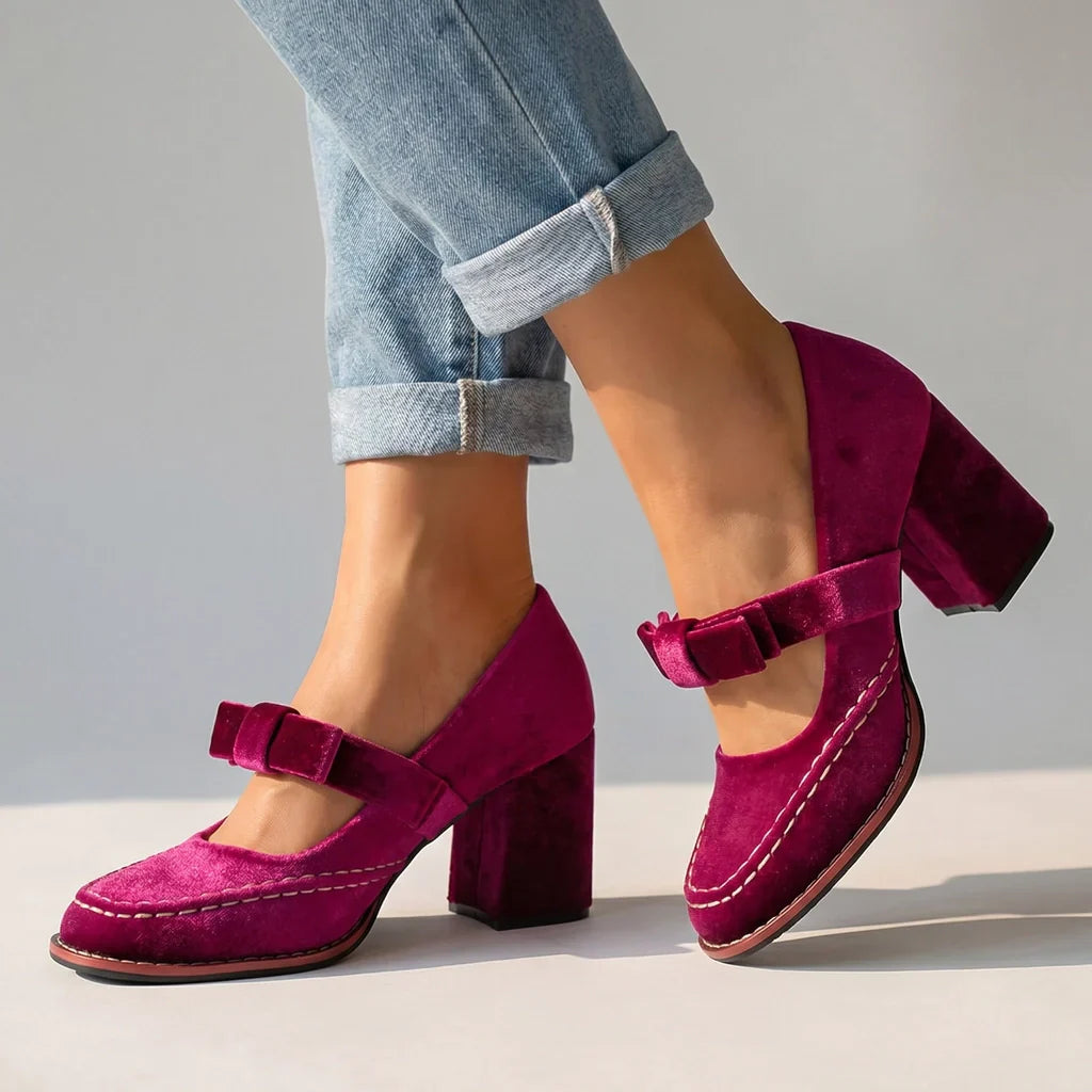 Women's heeled moccasins - retro style velvet for office