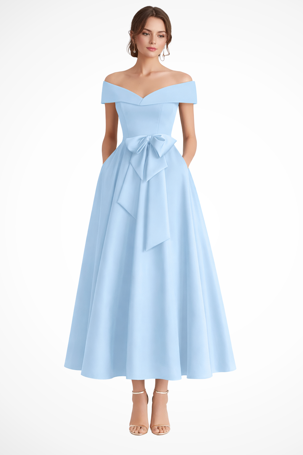Midi Wedding Guest Dress, Skater Style, Off-Shoulder with Bow