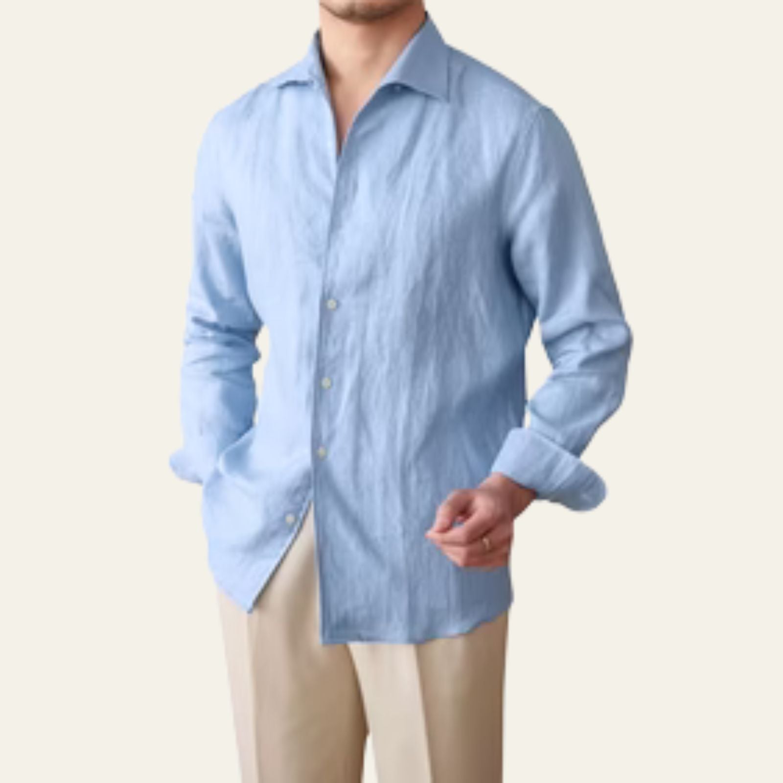 Chemise en Coton et Lin à Manches Longues pour Homme avec Col Rabattu et Boutons