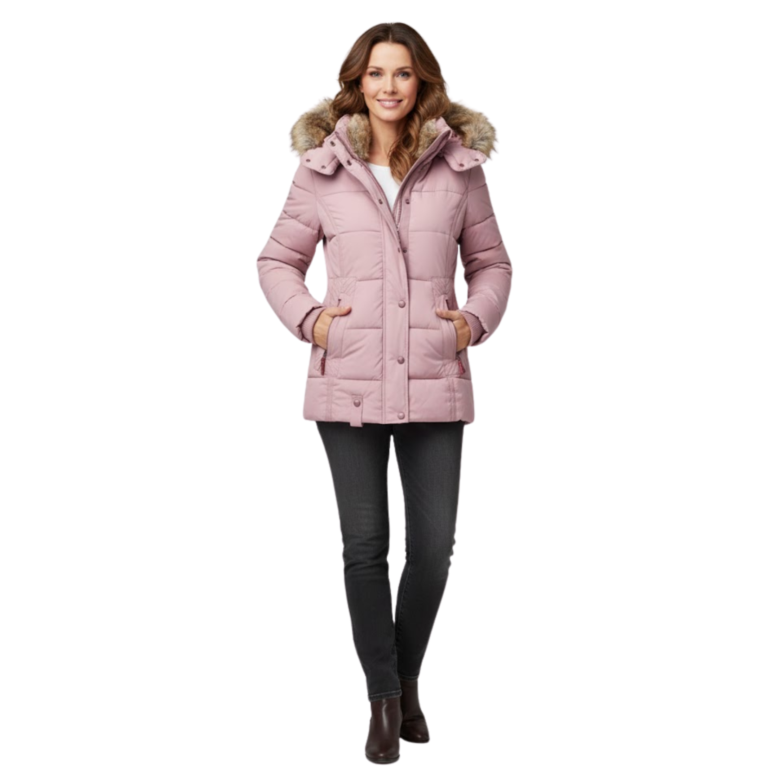 Veste en Coton Chaude Femme Coupe Slim Capuche Col en Fourrure Hiver