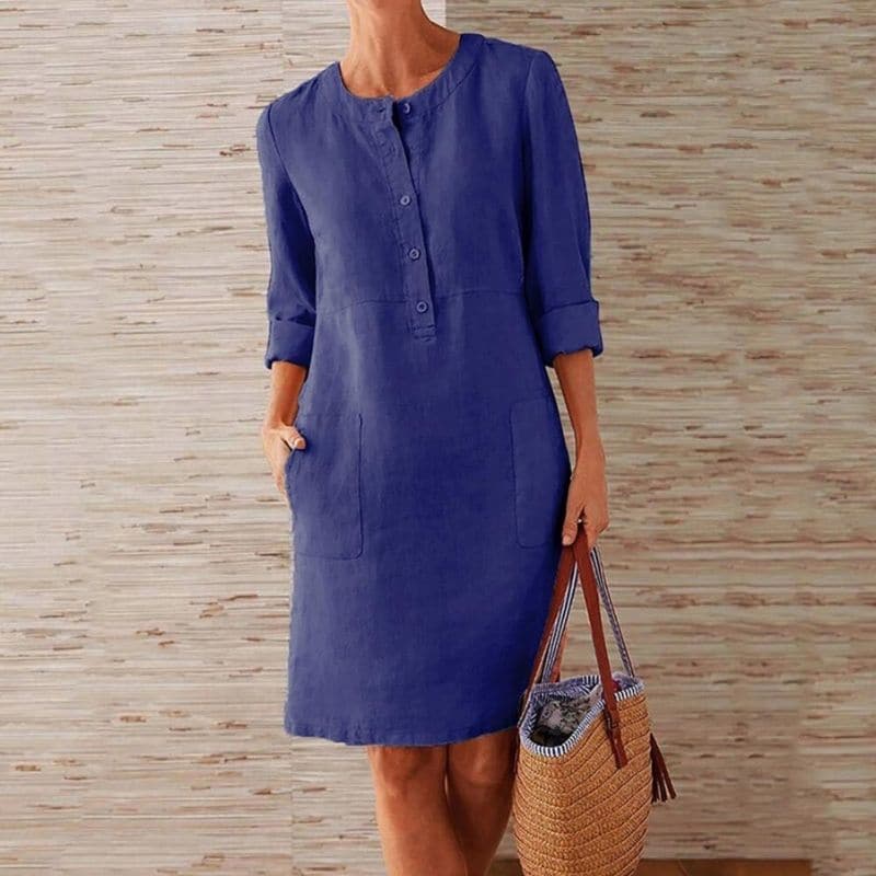 Cotton and Linen Tunic Dress with Long Sleeves and Pockets for Women