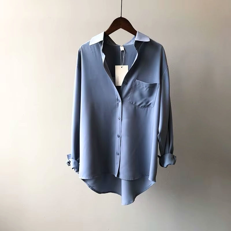 Chemise à Manches Longues en Mousseline de Polyester avec Poche Poitrine pour Femme