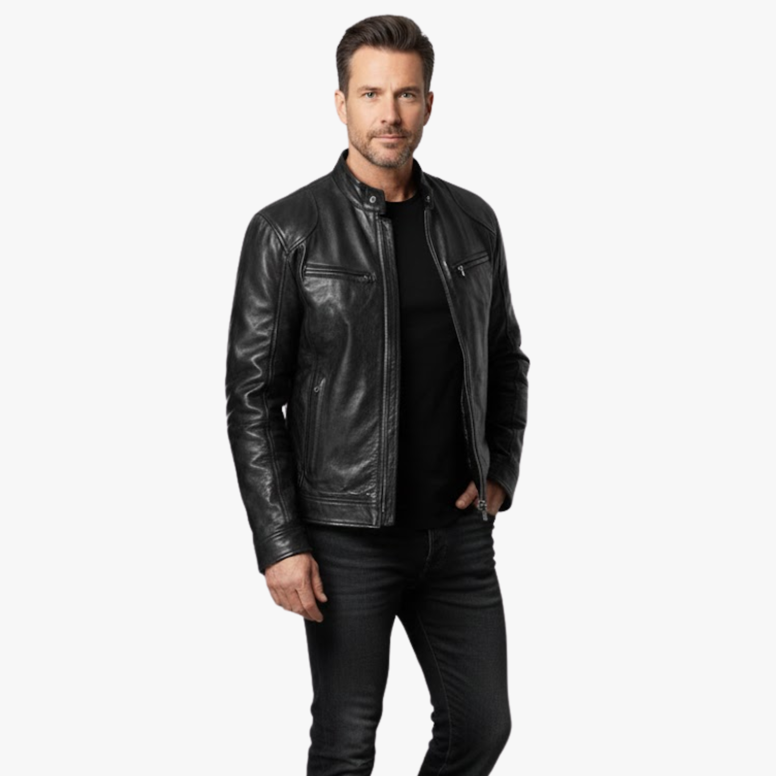 Veste en cuir PU pour homme à fermeture éclair, coupe slim, col, vêtement d’extérieur