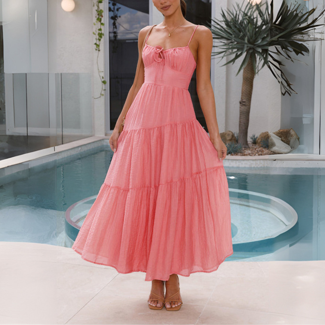 Robe Longue à Bretelles Fines avec Corsage Ajusté et Jupe Évasée à Volants