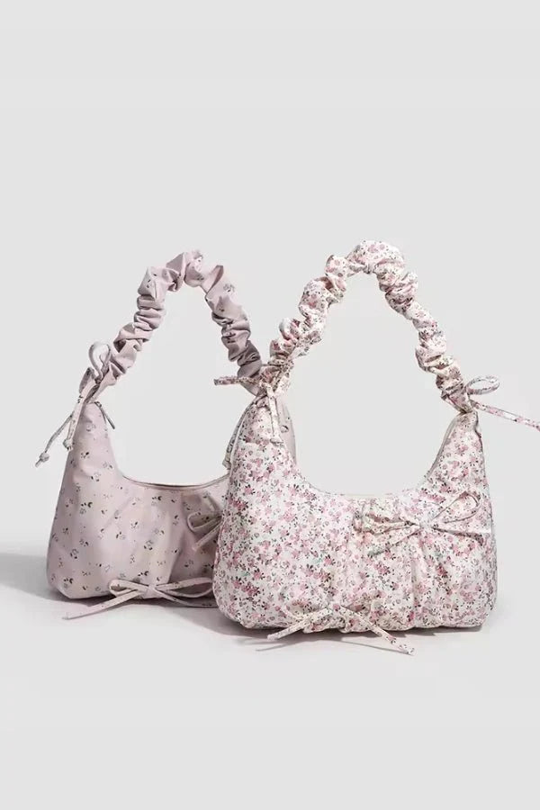 Sac à Main en Toile à Imprimé Floral avec Bandoulière Plissée et Détail Nœud