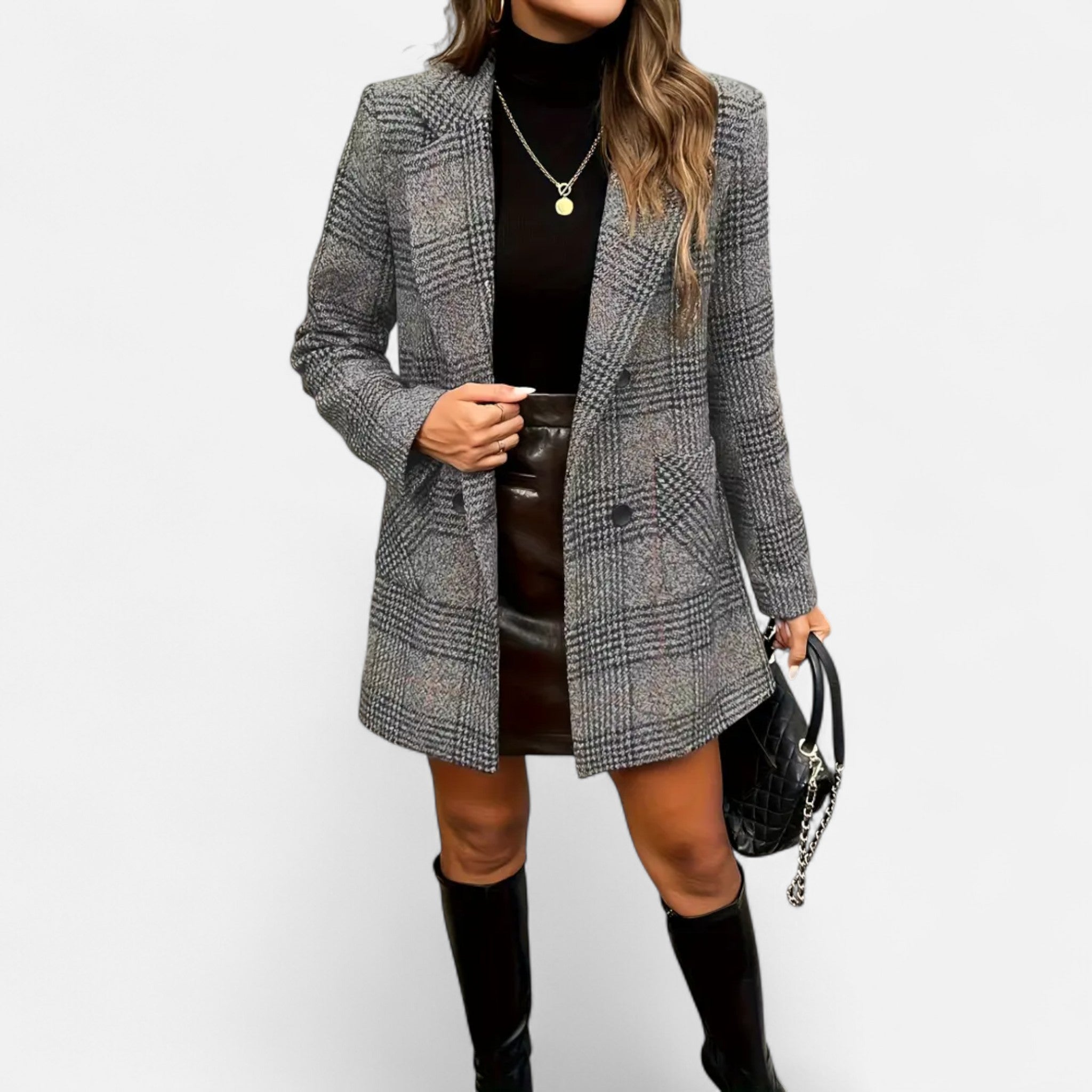 Velclairemode | Women's Elegant Double-Breasted Plaid Coat