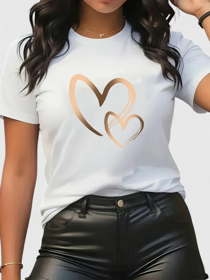 Short Sleeve T-shirt with Heart Print and Round Neck for Women Relaxed Fit