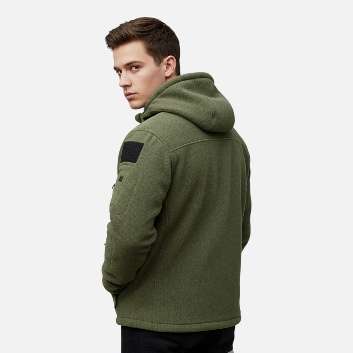 Giacca tattica da uomo con cappuccio per attività all’aperto, softshell, fodera in pile, tasche con cerniera