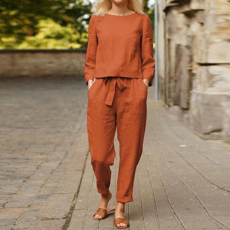 Ensemble Deux Pièces pour Femme en Coton et Lin avec Haut Ample et Pantalon à Taille Nouée