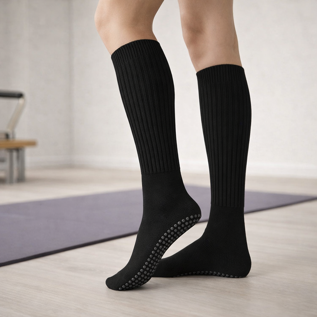Chaussettes de Pilates Hautes en Coton et Nylon avec Semelle Antidérapante pour Femme